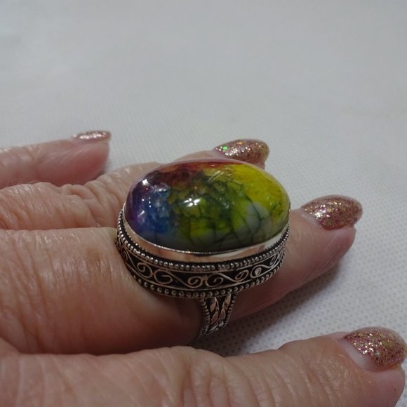 Vivid "RAINBOW GEODE" Handmade Sterling Ring Size 9 #692A - Picture 2 of 3